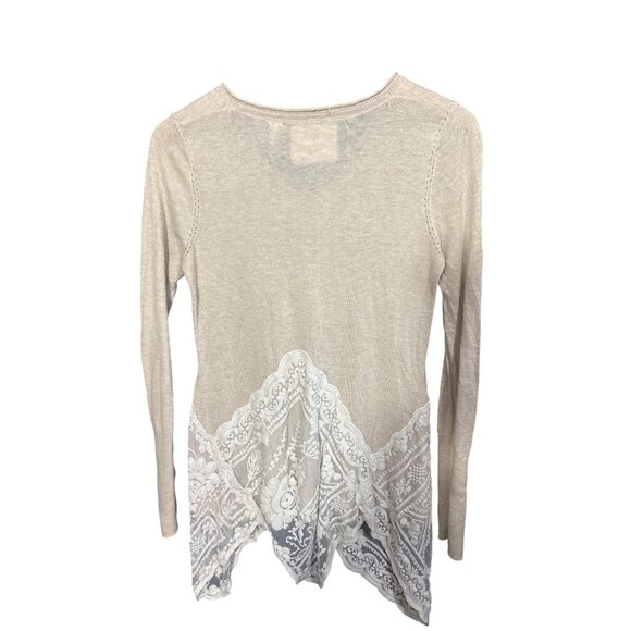 Angel Of The North Beige Long-Sleeve Lace Embellished V-Neck Tunic Sweater Women - Picture 6 of 6